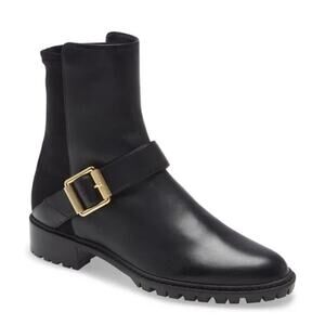 Stuart Weitzman Black Leather City Gold Buckle Heeled Ankle Booties Size 6.5